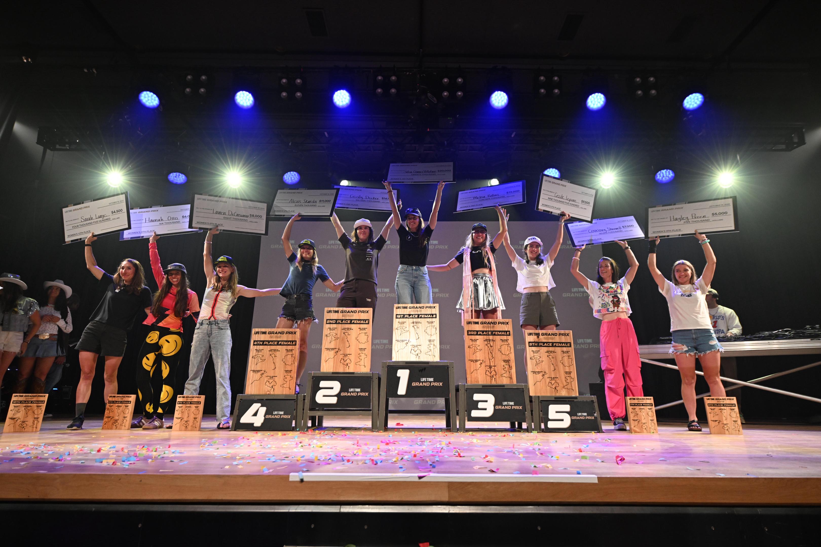 The final 10 elite women in the 2025 Life Time Grand Prix celebrate at an awards ceremony at The Momentary in Bentonville, Arkansas