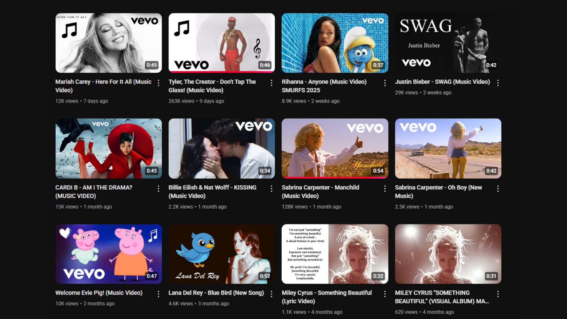 A screenshot of a YouTube account posting AI-generated fakes of popular songs