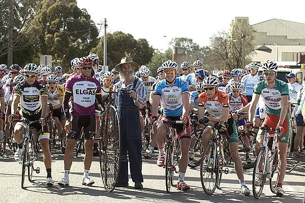 The Tour's jersey leaders line up with a Swan Hill local and his Penny Farthing on the startline ready for stage four.