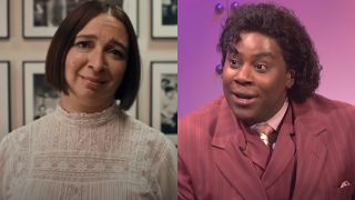 From right to left: screenshots of Maya Rudolph walking through the hall of SNL and Kenan Thompson in the What's Up With That sketch.