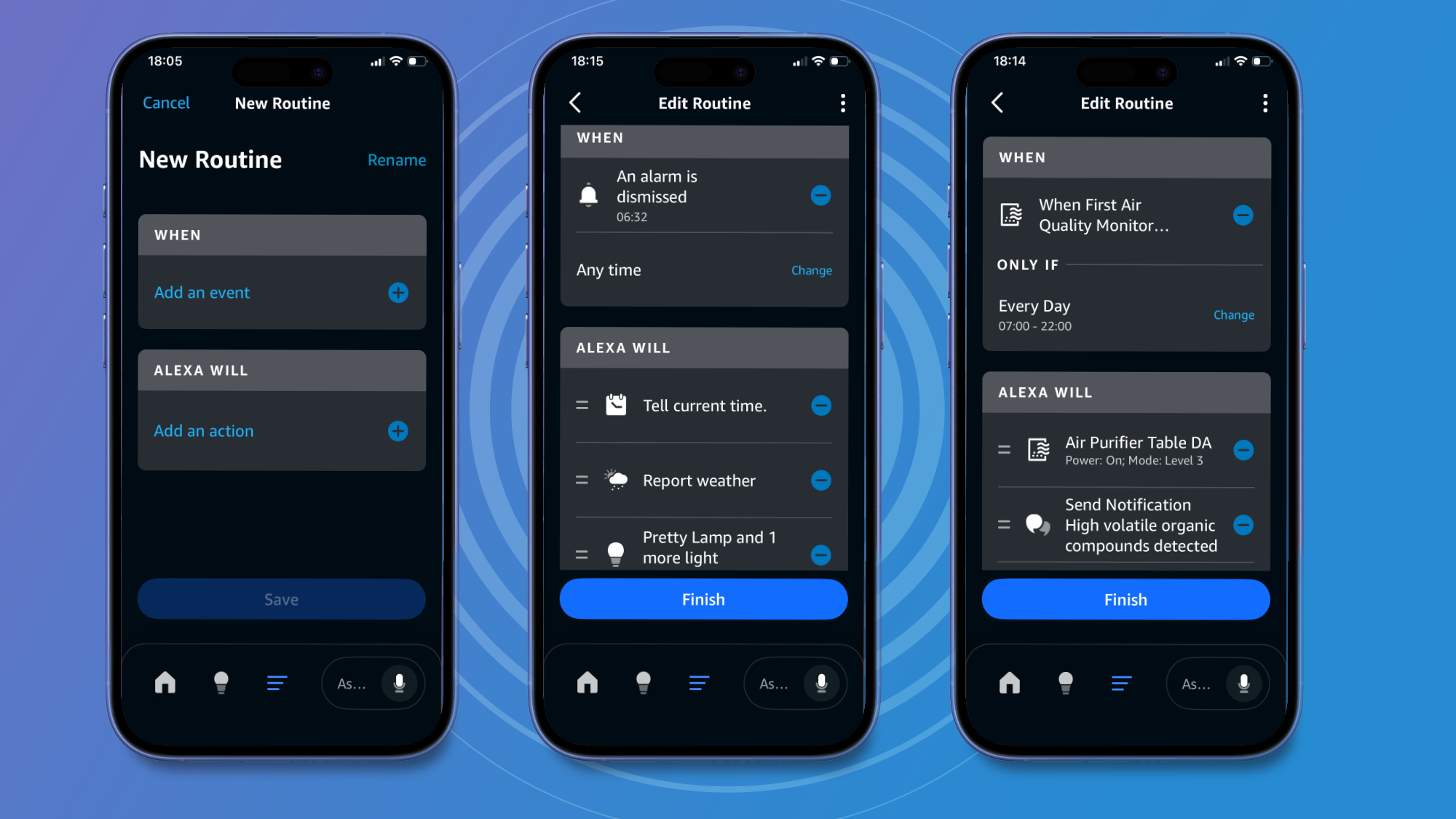 Three phone screens display the new routine page and two custom routines on the Alexa app.
