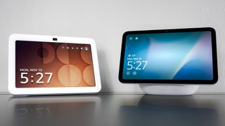 The Echo Show 8 (3rd Gen) next to the Echo Show 8 (4th Gen) on a desk