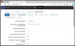 Urbackup's Image Backup settings.