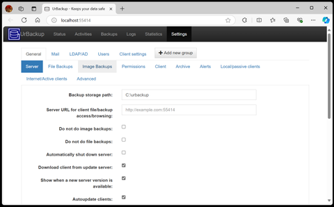 Urbackup&#039;s Image Backup settings.