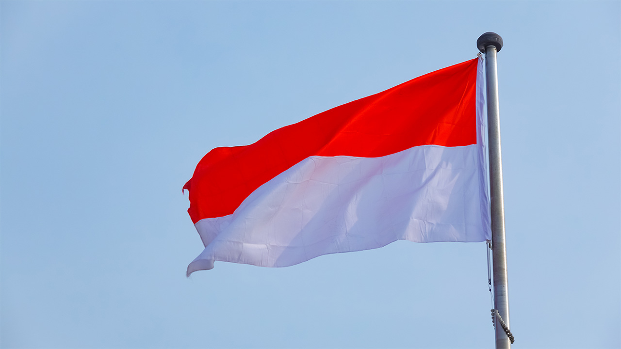 Flag of Indonesia flying against a blue sky