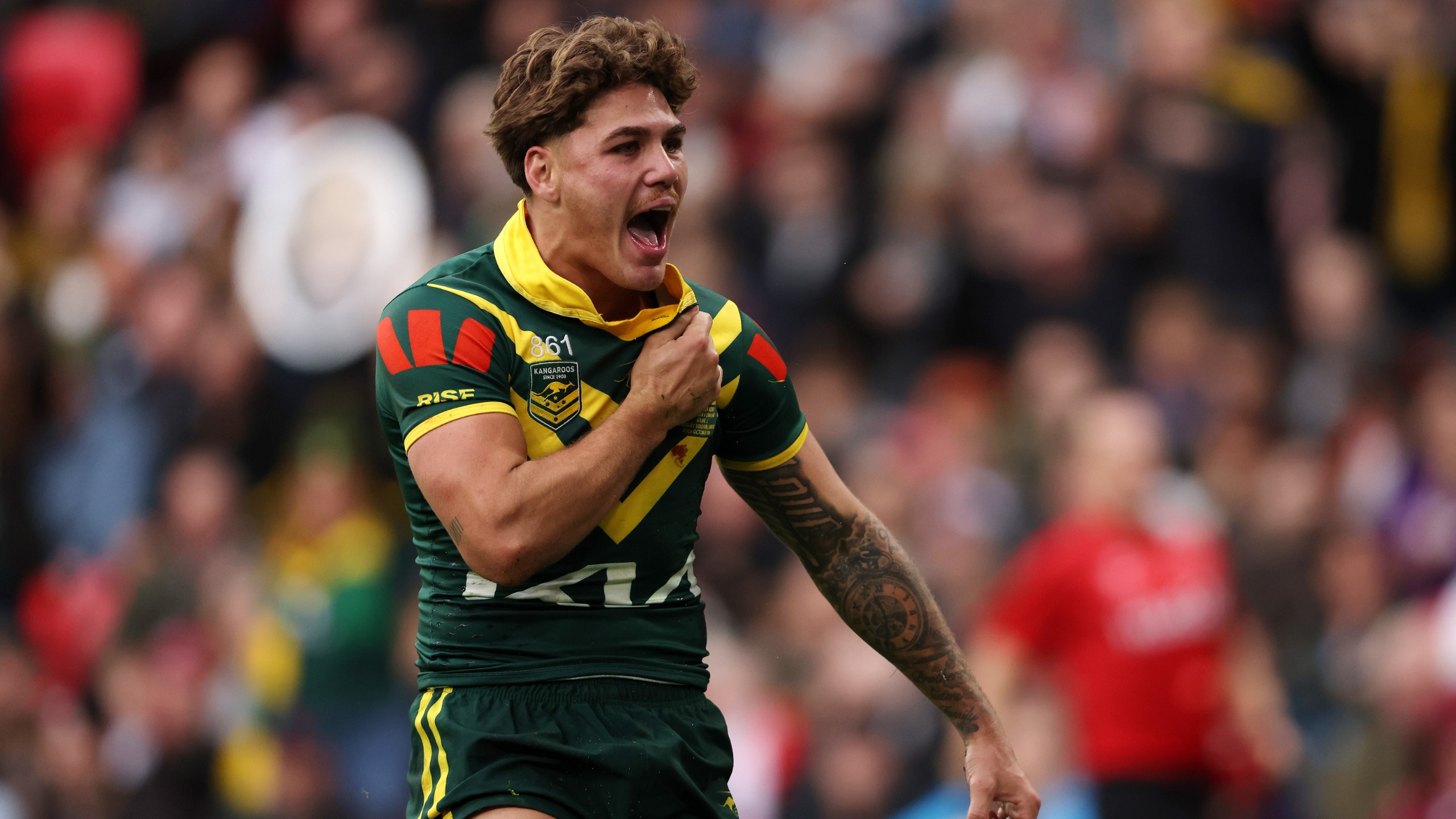 Reece Walsh of Australia celebrates scoring his team's fourth try during the Rugby League Ashes match between England and Australia at Wembley Stadium on October 25, 2025 in London, England. 