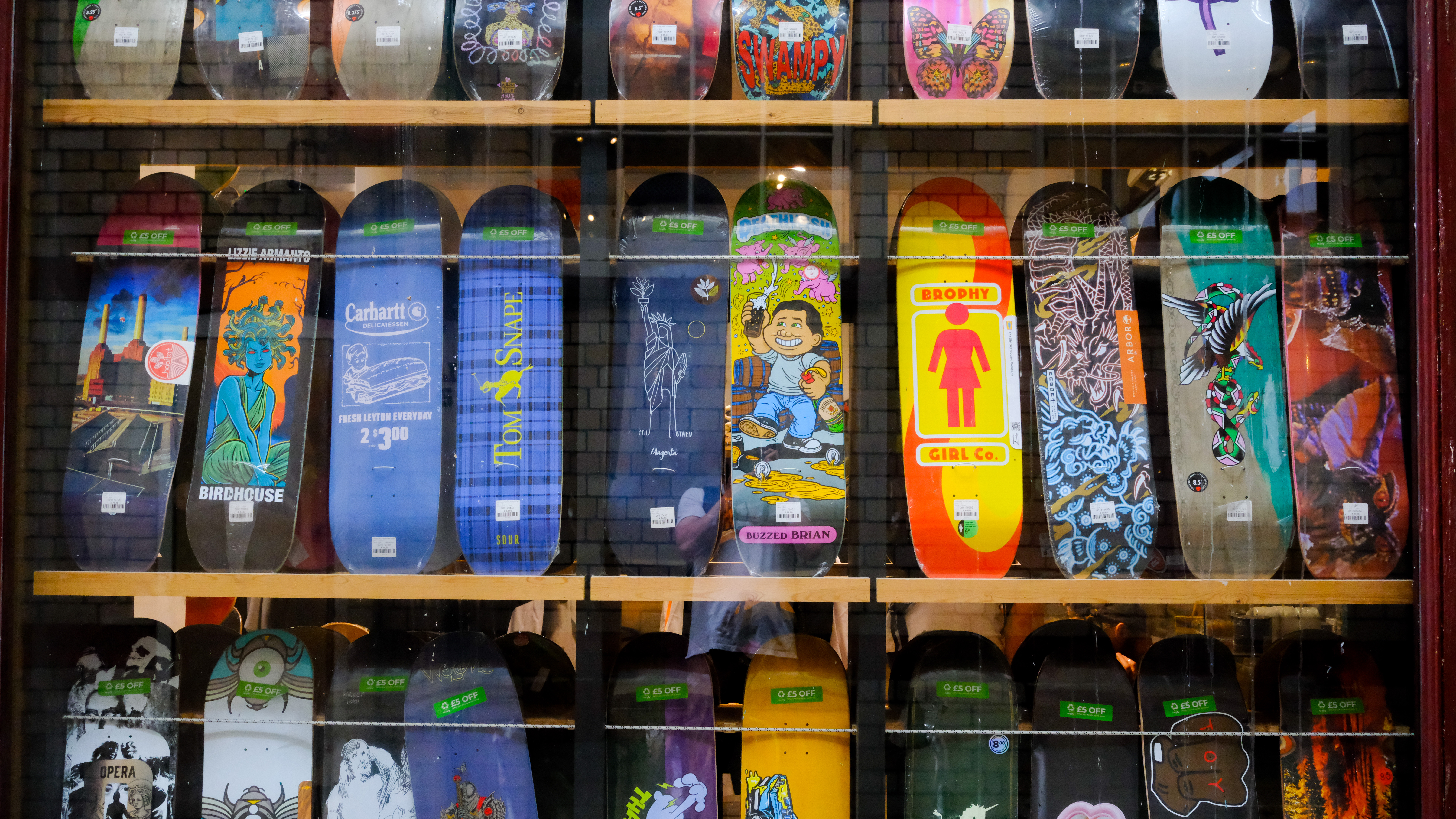 A series of skateboards, taken on the Fujifilm X-E5.