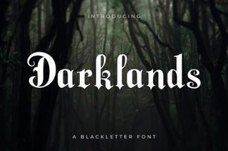 The Darklands blackletter fantasy typeface demonstrated on a black background