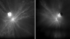 Side-by-side photos showing the debris field of the DART-Dimorphos impact