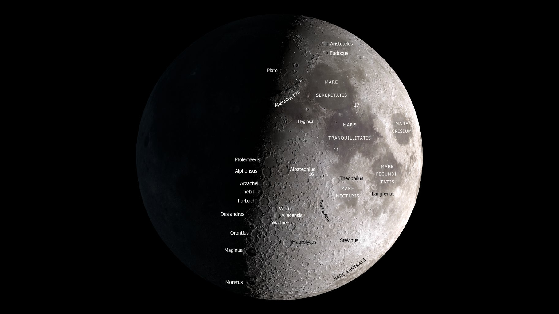 a close up view of the moon showing large seas and craters labelled.