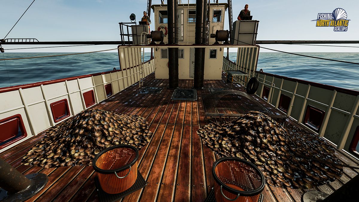 A screenshot from the game Fishing: North Atlantic's Scallops expansion. There are boats and scallops.