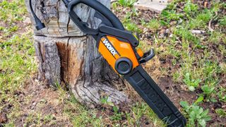 The WORX WG303.1 resting on a log.