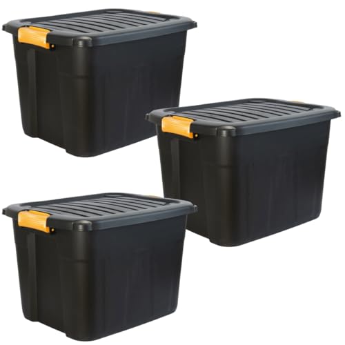 Daniel James Housewares Heavy Duty Storage Box With Lid - Large Plastic Stackable Storage Boxes With Clip Handles - Lockable Bpa Free Indoor Outdoor Garage Storage Trunk Box - 3 Pack, Black, 42l