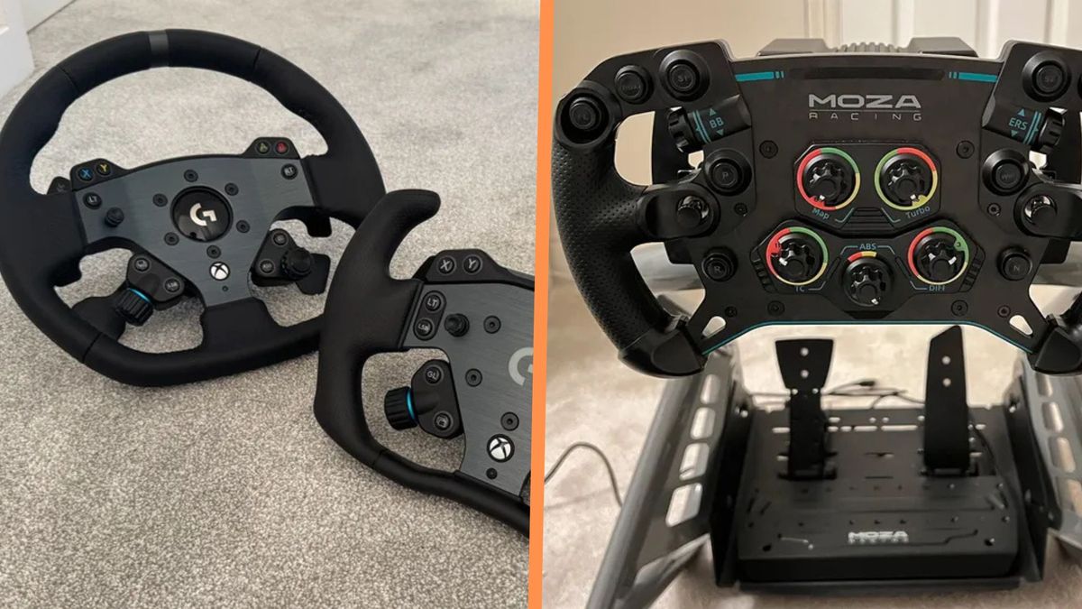 The Moza R12 side by side with the Logitech G RS wheels, separated by an orange line