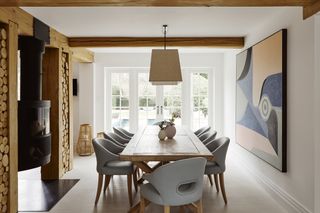 a modern dining room with large wall art