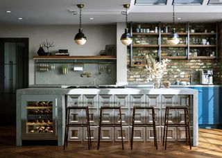 kitchen island with steel panelling and wine fridge