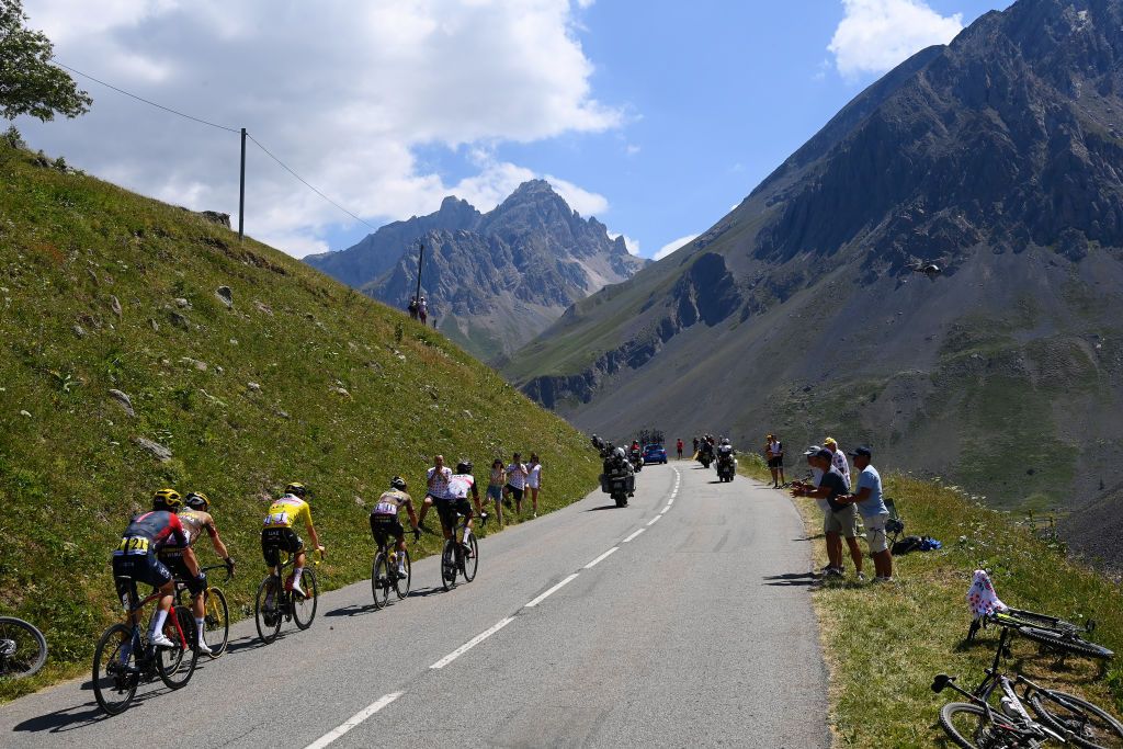 SERRE CHEVALIER FRANCE JULY 13 A general view of Geraint Thomas of The United Kingdom and Team INEOS Grenadiers Jonas Vingegaard Rasmussen of Denmark and Team Jumbo Visma Tadej Pogacar of Slovenia and UAE Team Emirates Yellow Leader Jersey Primoz Roglic of Slovenia and Team Jumbo Visma and Marc Soler Gimenez of Spain and UAE Team Emirates compete in the chase group passing through Col du Galibier 2630m during the 109th Tour de France 2022 Stage 11 a 1517km stage from Albertville to Col de Granon Serre Chevalier 2404m TDF2022 WorldTour on July 13 2022 in Col de GranonSerre Chevalier France Photo by Tim de WaeleGetty Images