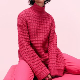 pink waffle knit oversized turtleneck sweater