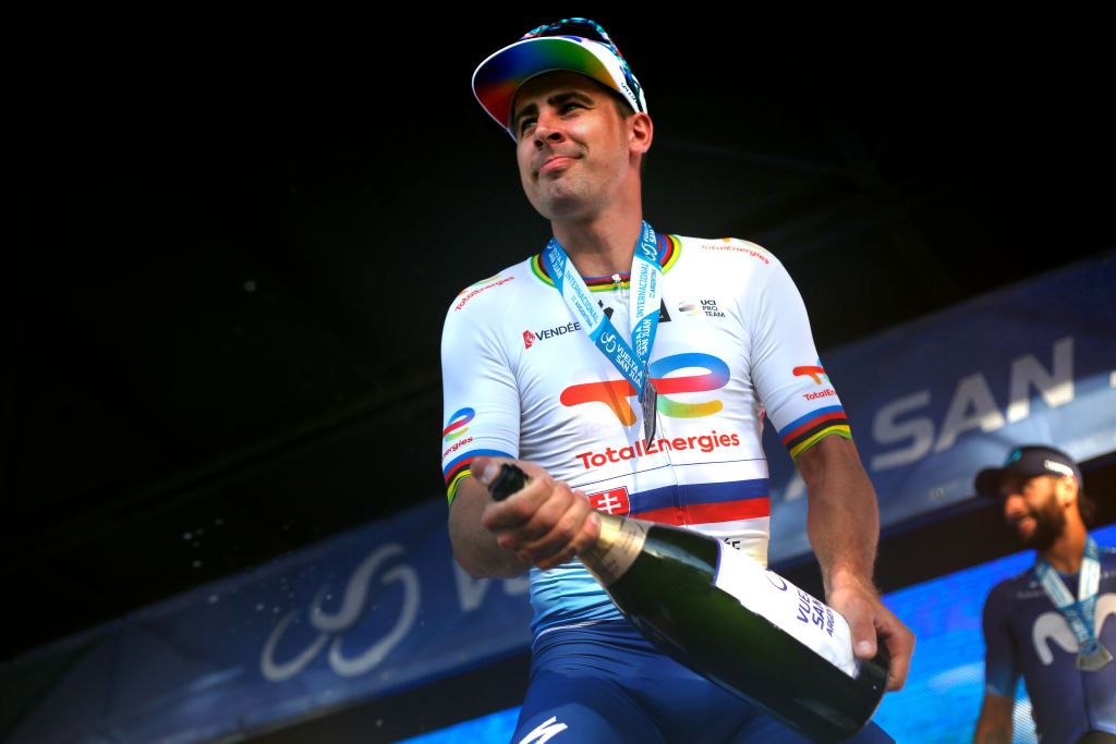 SAN JUAN ARGENTINA JANUARY 25 Peter Sagan of Slovakia and Team Total Energies on second place celebrates at podium after the 39th Vuelta a San Juan International 2023 Stage 4 a 1965km stage from Autodrmo de Villicum to Barreal VueltaSJ2023 on January 25 2023 in San Juan Argentina Photo by Maximiliano BlancoGetty Images