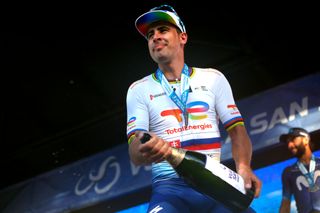 SAN JUAN ARGENTINA JANUARY 25 Peter Sagan of Slovakia and Team Total Energies on second place celebrates at podium after the 39th Vuelta a San Juan International 2023 Stage 4 a 1965km stage from Autodrmo de Villicum to Barreal VueltaSJ2023 on January 25 2023 in San Juan Argentina Photo by Maximiliano BlancoGetty Images