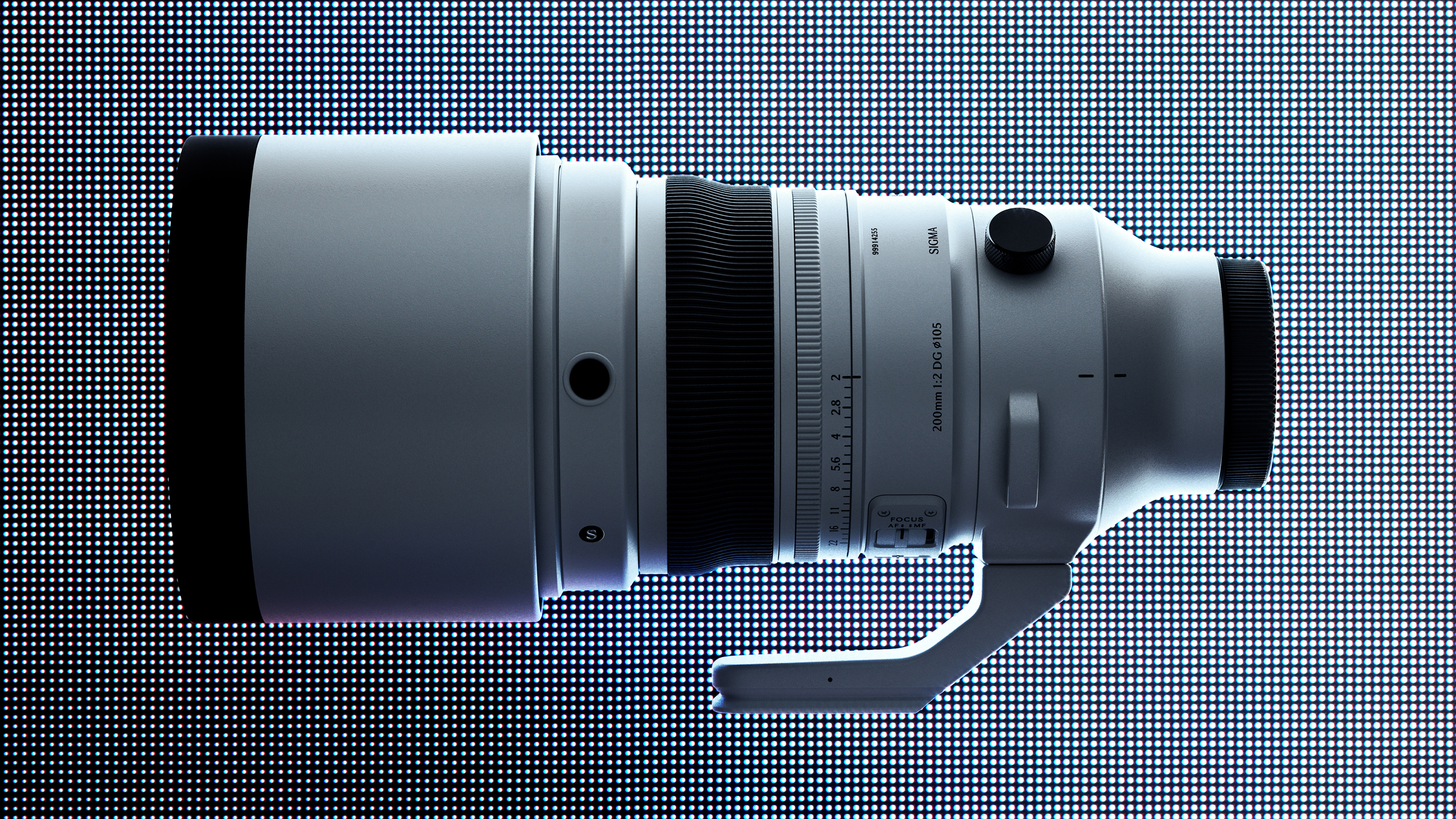 Sigma 200mm F2 DG OS Sport lens on a pixelated backdrop