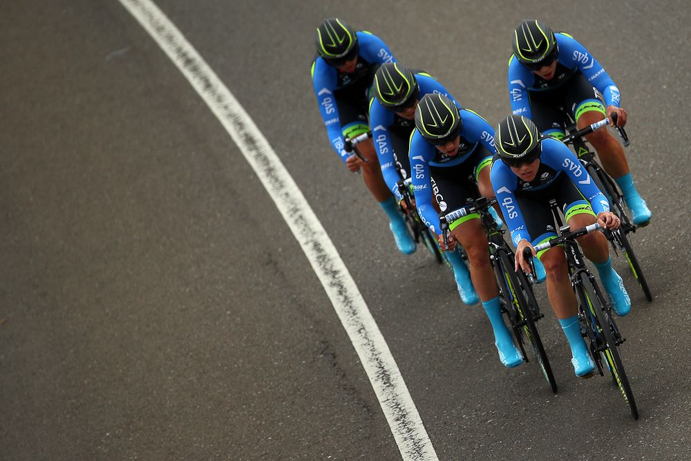 Tibco-Silicon valley Bank on course at the team time trial stage of the Tour of California.