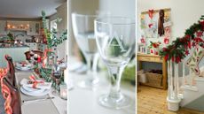 composite of dinner tables, wine glasses and decorated stairwell