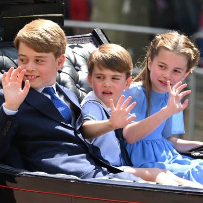 Prince George, Prince Louis and Princess Charlotte in the carriage procession at Trooping the Colour during Queen Elizabeth II Platinum Jubilee on June 02, 2022 in London, England