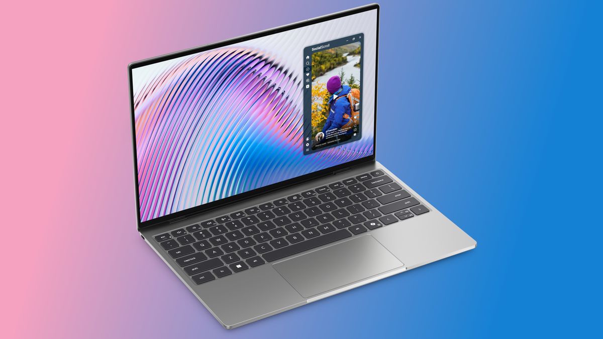 Silver XPS 13 laptop on a gradient background displaying colorful abstract lines and a small image of a person outdoors.