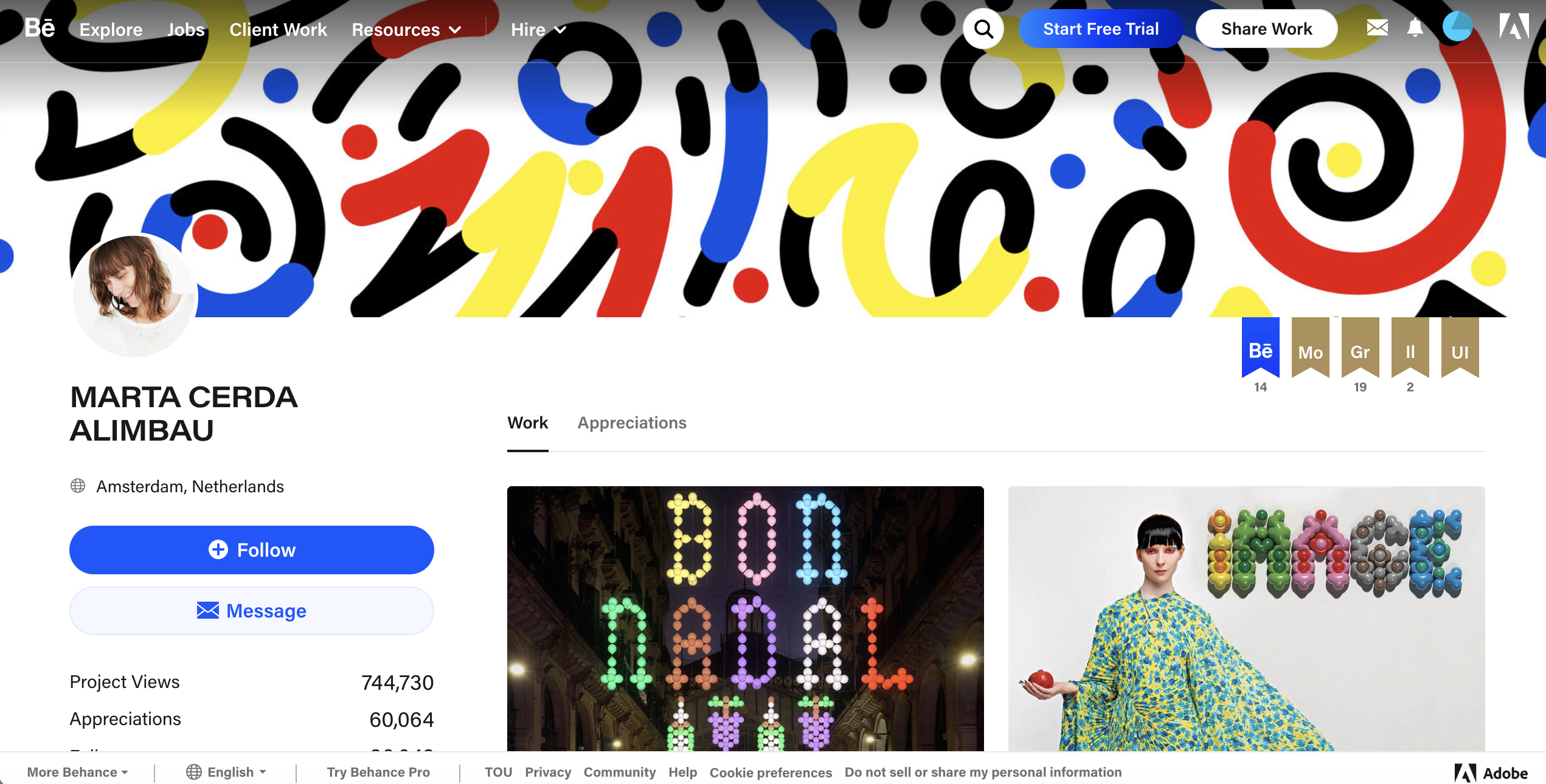 A screenshot of a Behance artist profile page for Marta Cerda Alimbau, featuring a colorful abstract banner and a grid displaying two of her creative design projects.