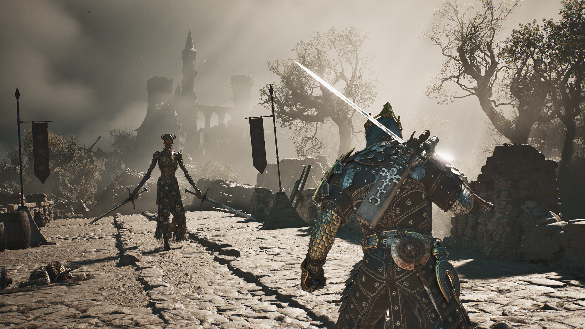 An armored figure wielding a sword in each hand approaches the player-character in action RPG, Mortal Shell 2