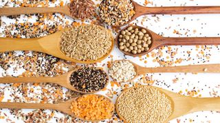 Selection of healthy foods including whole grains and pulses