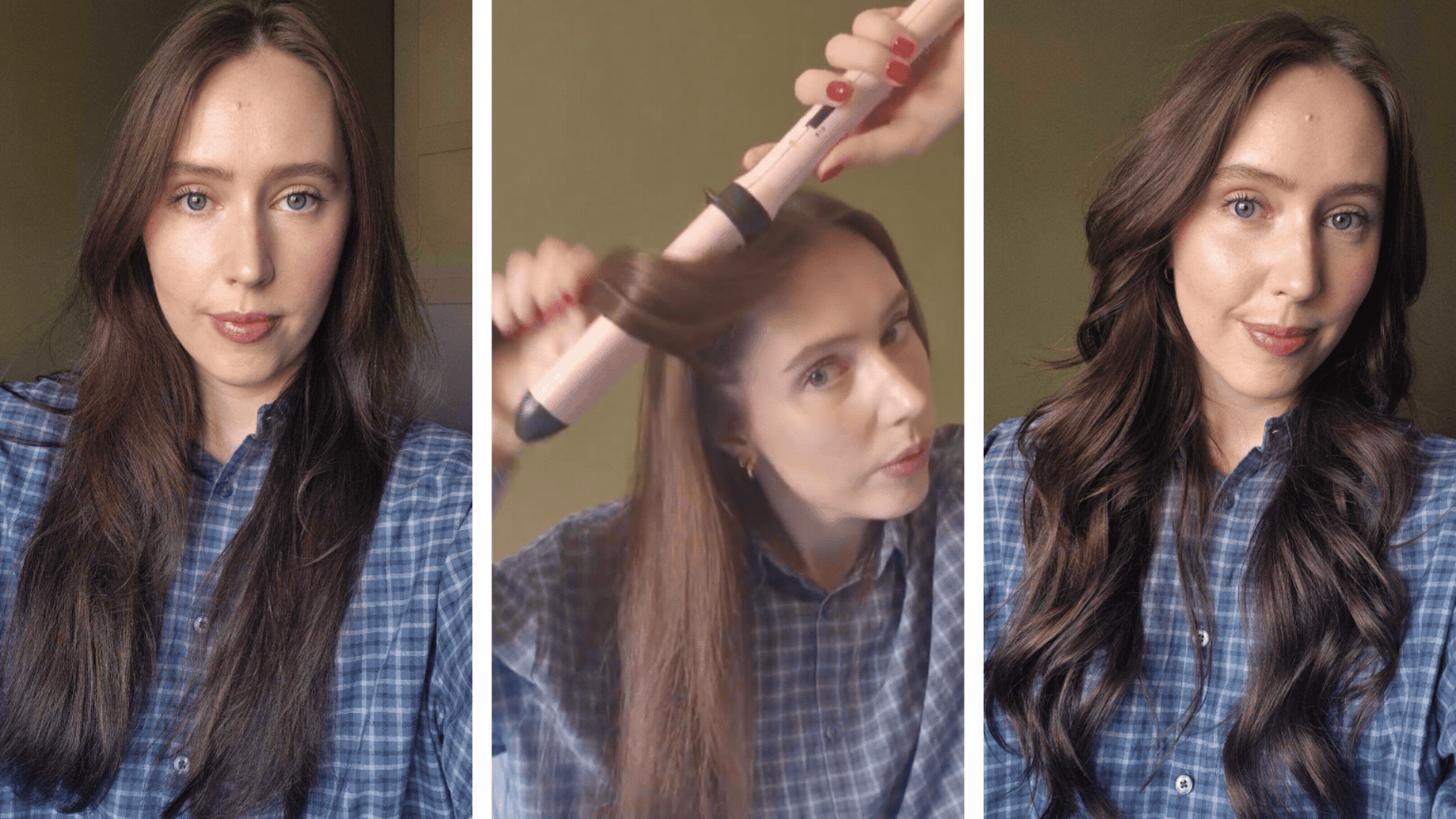 On the left is a before picture of Digital Beauty Writer Naomi Jamieson's hair before adding waves, followed by a GIF of how she uses the Babyliss Curl &amp;amp; Wave trio and on the right, her wavy hair afterwards.
