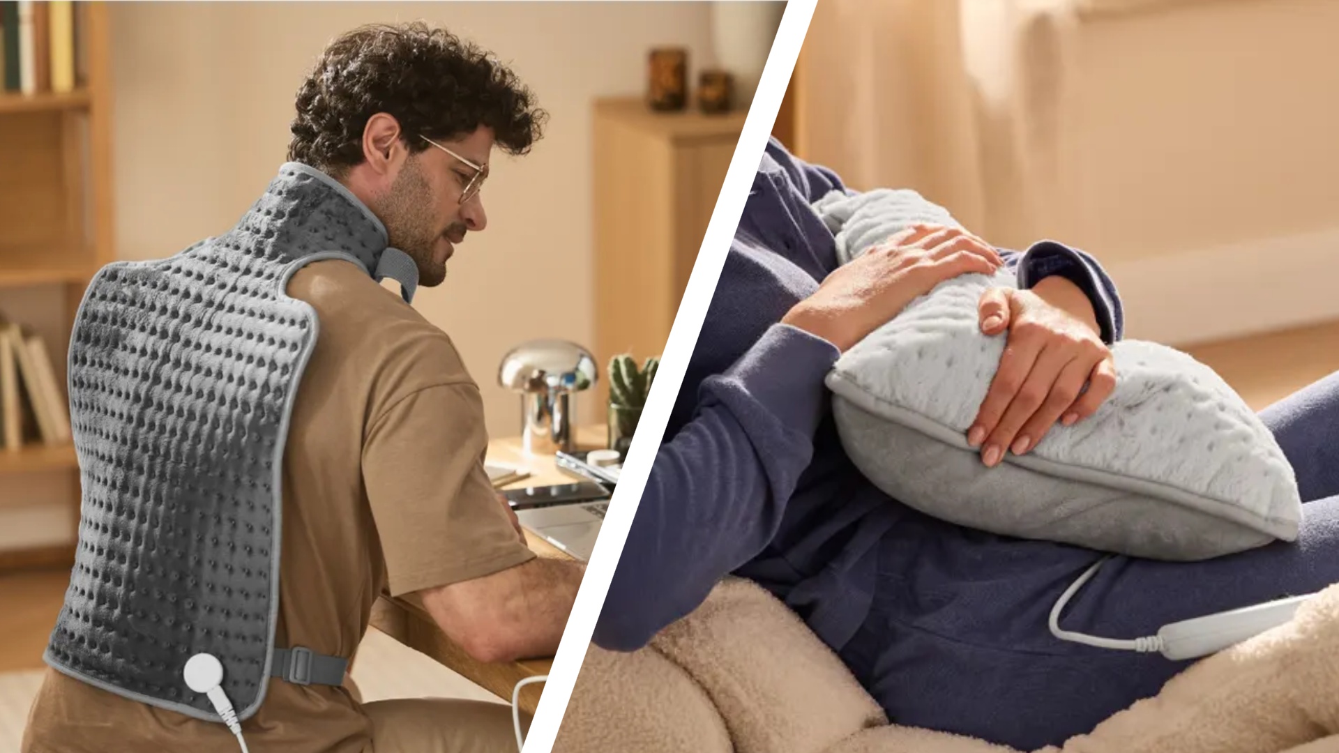 A man wearing a heated back pad and a woman holding a heated electric cushion 