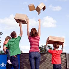 family with boxes trees and sky