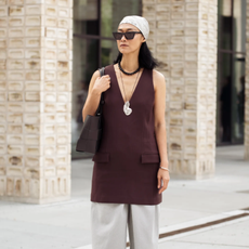what to wear to the office in a heatwave - linen trousers, brown tunic, head scarf