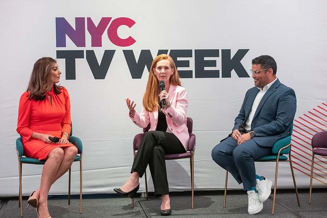 On the "Originals, Local, FAST and Broadcast panel (l. to r.): moderator Cristina Naverrete of WXTU New York; Osvaldo Martinez, Telemundo Station Group; and Meredith McGinn, NBCUniversal Local.