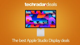 Apple Studio Display on a orange background with Techradar deals logo above and the best Apple Studio Display deals text below