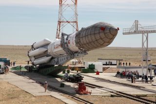 A Russian Proton-M rocket carrying the Yamal-601 telecommunications satellite is raised atop its launchpad at Baikonur Cosmodrome in Kazakhstan ahead of a May 30, 2019 launch.