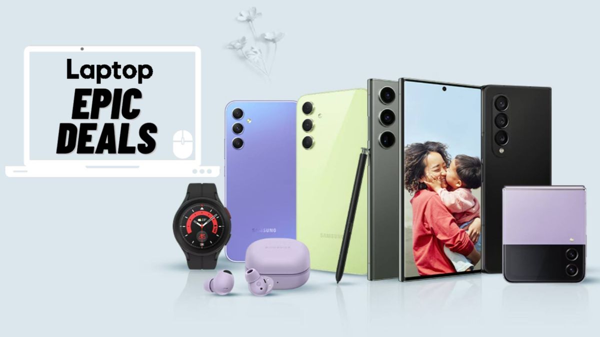 Samsung Mother&#039;s Day sale deals devices against blue background