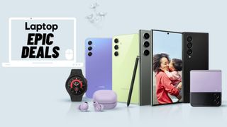 Samsung Mother's Day sale deals devices against blue background
