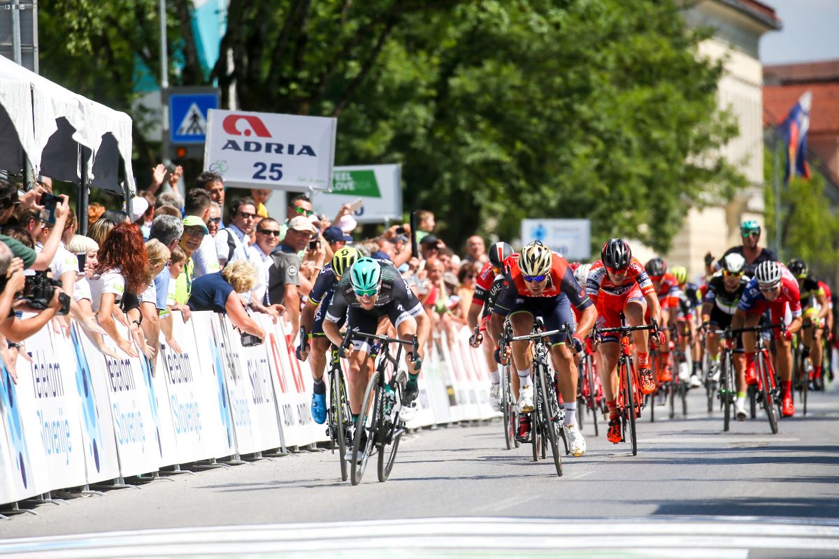 Sam Bennett (Bora-Hansgrohe) leads the sprint to the line