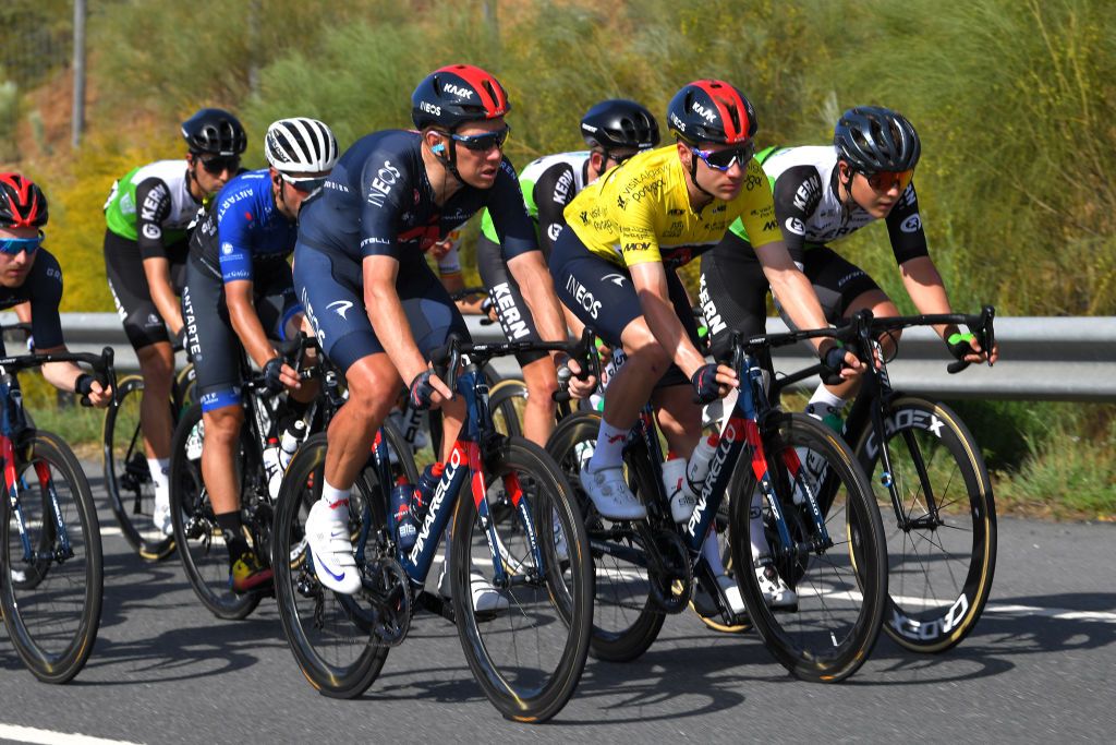 TAVIRA PORTUGAL MAY 07 Cameron Wurf of Australia Ethan Hayter of United Kingdom and Team INEOS Grenadiers Yellow Leader Jersey during the 47th Volta Ao Algarve 2021 Stage 3 a 2031km stage from Faro to Tavira VoltAlgarve VAlgarve2021 on May 07 2021 in Tavira Portugal Photo by Luc ClaessenGetty Images