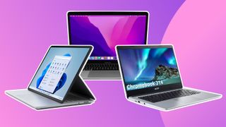 A product shot of the top 3 best laptops for writers on a bright purple background