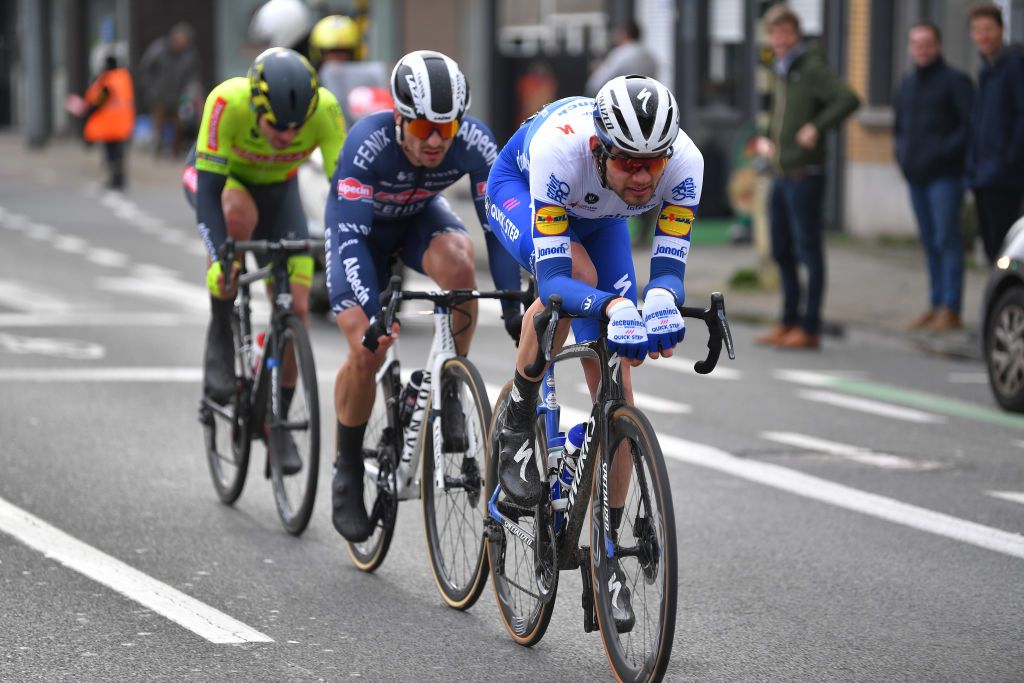 KUURNE BELGIUM MARCH 01 Kasper Asgreen of Denmark and Team DeceuninckQuickstep Roy Jans of Belgium and Team AlpecinFenix Boris Vallee of Belgium and Team Wallonie Bruxelles Breakaway during the 72nd KuurneBrusselKuurne 2020 a 201km race from Kuurne to Kuurne KBK20 KuurneBxlKuurne KBK on March 01 2020 in Kuurne Belgium Photo by Tim de WaeleGetty Images