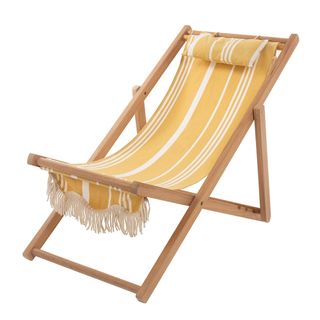 Yellow and white striped traditional fold out wooden deckchair
