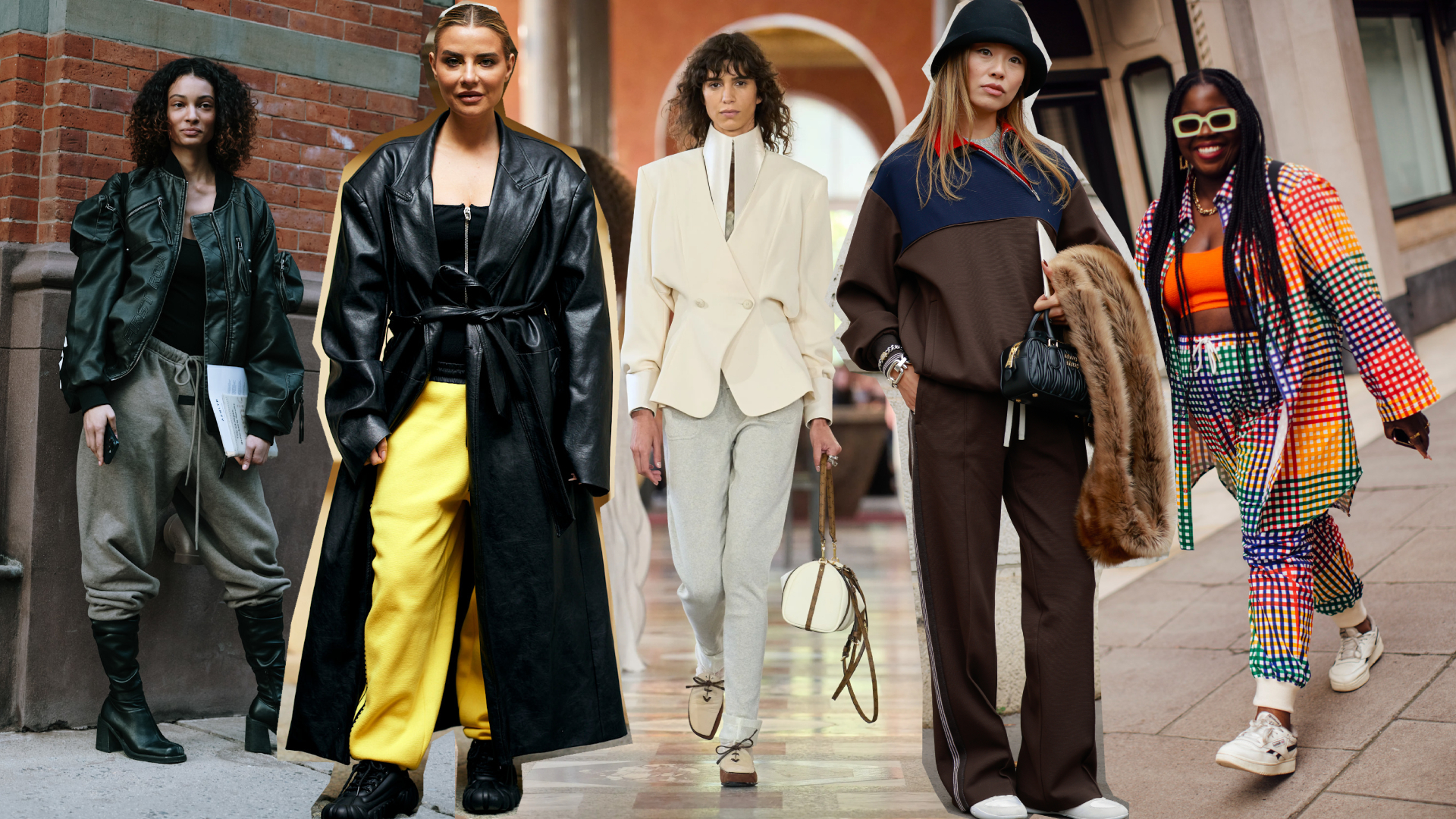 best sweatpants: a collage of women wearing sweatpants at fashion week and a Louis Vuitton Spring 2026 model wearing gray sweatpants