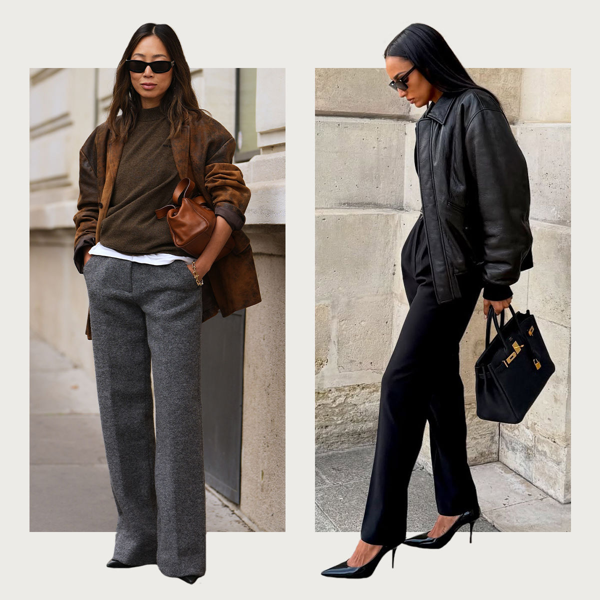 A collage of Aimee song and Jasmine tookes in L.A. wearing trouser outfits.
