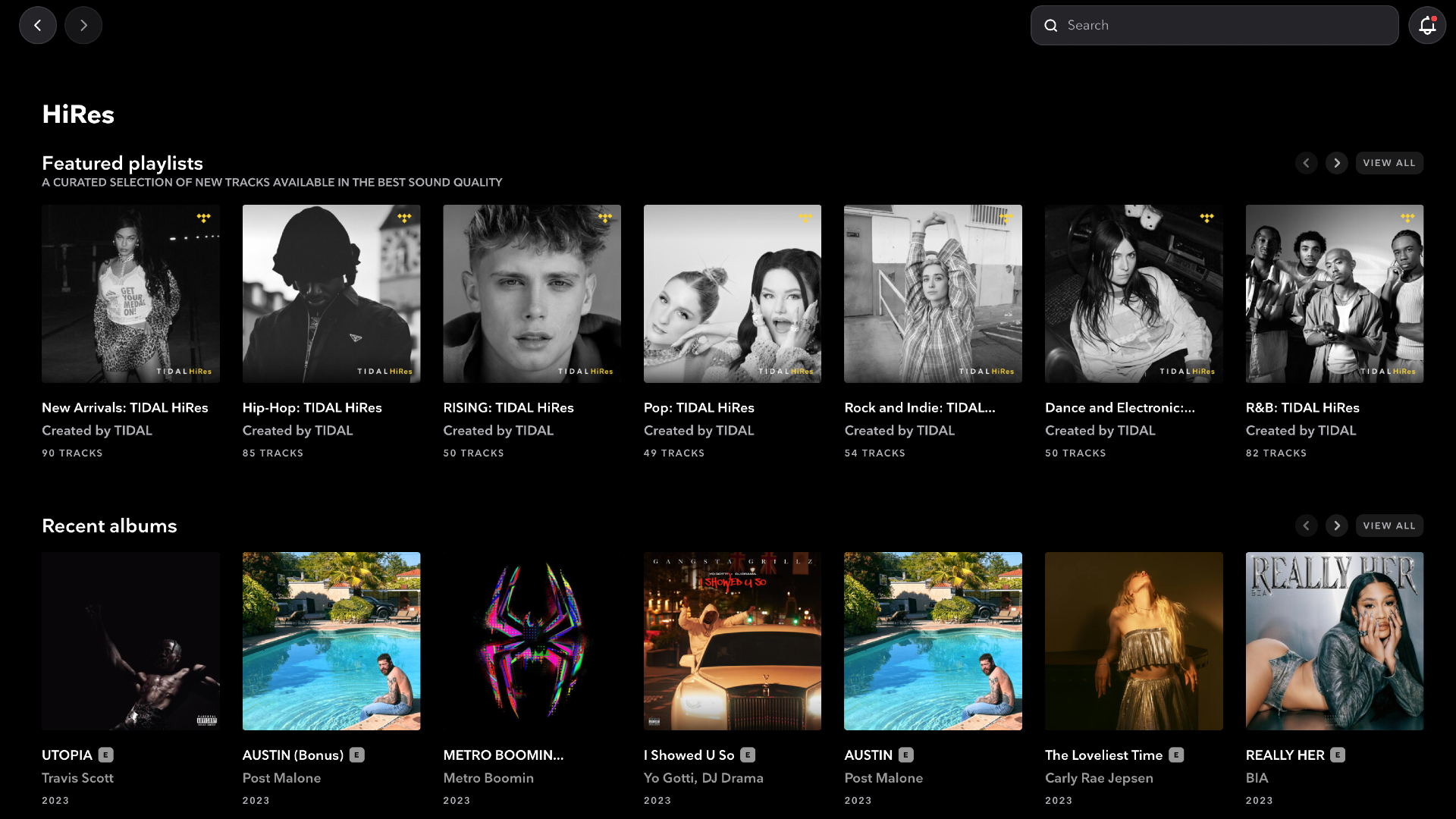 Tidal's new HiRes-branded homepage