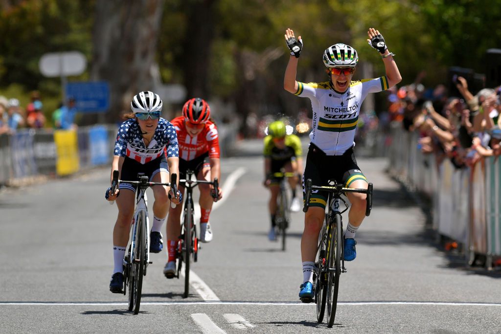Amanda Spratt hits the line of stage 2 of the Women's Tour Down Under and took the race lead
